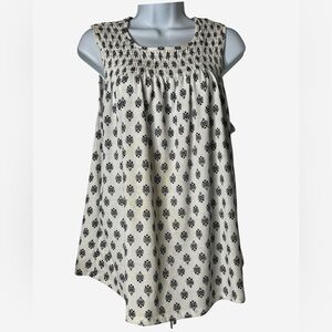 MELLODAY Cream Sleeveless Top with Black Floral Motif and Smocked Yoke Sz L